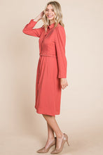 Rust Pintucked Front Button Down Shirtdress With Belt
