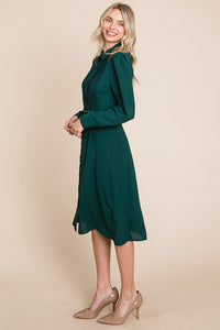 Hunter Green Pintucked Front Button Down Shirtdress With Belt