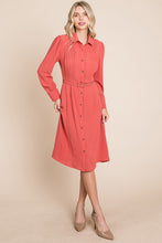 Rust Pintucked Front Button Down Shirtdress With Belt