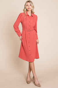 Rust Pintucked Front Button Down Shirtdress With Belt