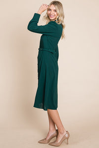 Hunter Green Pintucked Front Button Down Shirtdress With Belt