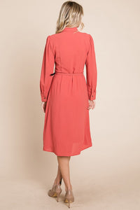 Rust Pintucked Front Button Down Shirtdress With Belt
