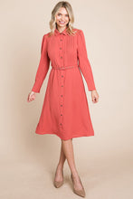 Rust Pintucked Front Button Down Shirtdress With Belt