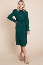 Hunter Green Pintucked Front Button Down Shirtdress With Belt