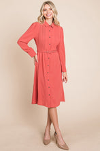 Rust Pintucked Front Button Down Shirtdress With Belt