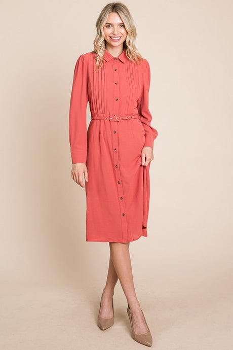 Rust Pintucked Front Button Down Shirtdress With Belt