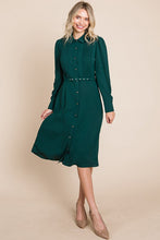 Hunter Green Pintucked Front Button Down Shirtdress With Belt
