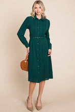 Hunter Green Pintucked Front Button Down Shirtdress With Belt