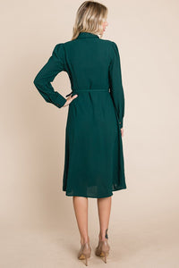 Hunter Green Pintucked Front Button Down Shirtdress With Belt
