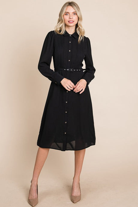 Black Pintucked Front Button Down Shirtdress With Belt
