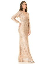 Champagne Gold Sleeved Sequin V-neck Formal Long Dress