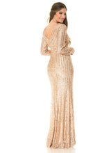 Champagne Gold Sleeved Sequin V-neck Formal Long Dress
