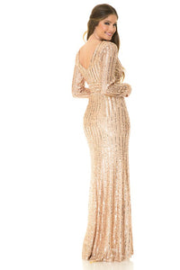 Champagne Gold Sleeved Sequin V-neck Formal Long Dress