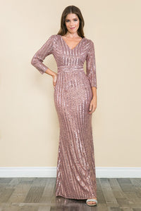 Mauve Sleeved Sequin V-neck Formal Long Dress