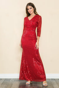 Red Sleeved Sequin V-neck Formal Long Dress