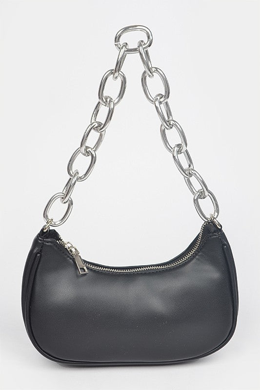 Black Faux Leather Chain Shoulder Bag