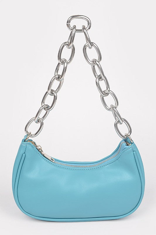 Light Blue Faux Leather Chain Shoulder Bag