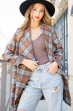 Brown Open Front Plaid Long Jacket