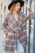 Brown Open Front Plaid Long Jacket
