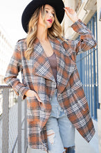 Brown Open Front Plaid Long Jacket