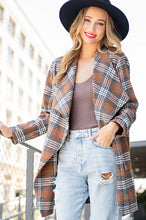 Brown Open Front Plaid Long Jacket