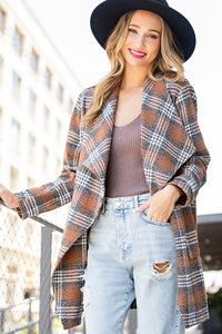 Brown Open Front Plaid Long Jacket