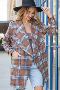 Brown Open Front Plaid Long Jacket