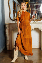 Camel Ruffle Detailed Tiered Velvet Maxi Dress
