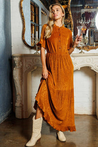 Camel Ruffle Detailed Tiered Velvet Maxi Dress