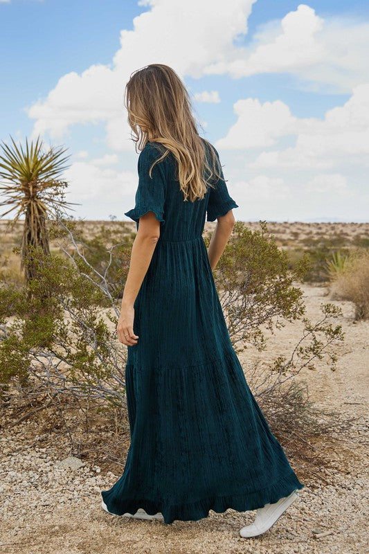 Hunter Green Ruffle Detailed Tiered Velvet Maxi Dress Aquarius Brand Hunter Green Ruffle Detailed Tiered Velvet Maxi Dress Aquarius Brand