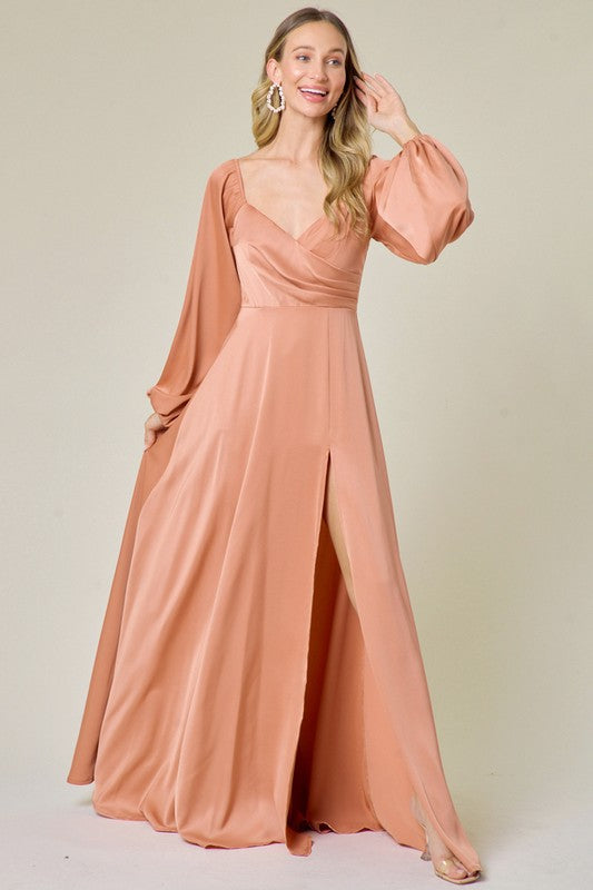 Light Sienna Heart Neck Long Sleeve Satin Slit Maxi Dress Aquarius Brand Light Sienna Heart Neck Long Sleeve Satin Slit Maxi Dress Aquarius Brand