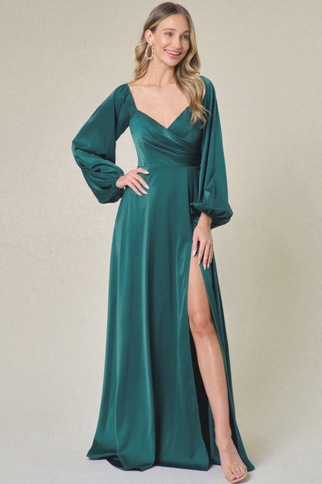 Emerald Heart Neck Long Sleeve Satin Slit Maxi Dress