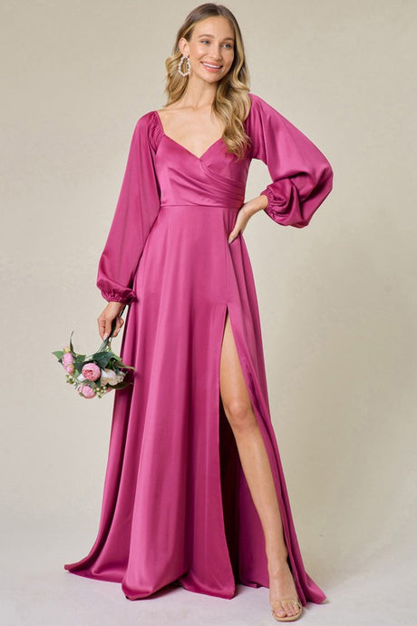 Magenta Heart Neck Long Sleeve Satin Slit Maxi Dress