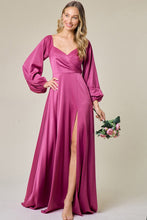Magenta Heart Neck Long Sleeve Satin Slit Maxi Dress