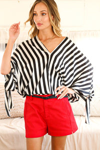 Black V-neck Kimono Sleeve With Tie Detail Satin Striped Top