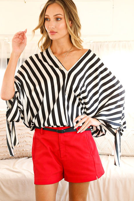 Black V-neck Kimono Sleeve With Tie Detail Satin Striped Top