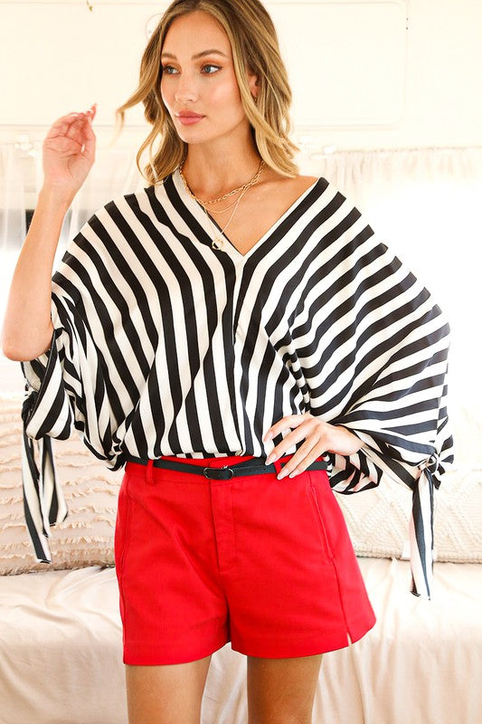 Black V-neck Kimono Sleeve With Tie Detail Satin Striped Top