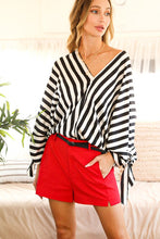 Black V-neck Kimono Sleeve With Tie Detail Satin Striped Top