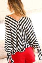 Black V-neck Kimono Sleeve With Tie Detail Satin Striped Top