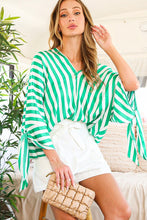 Green V-neck Kimono Sleeve With Tie Detail Satin Striped Top