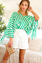 Green V-neck Kimono Sleeve With Tie Detail Satin Striped Top