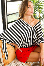 Black V-neck Kimono Sleeve With Tie Detail Satin Striped Top