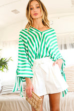 Green V-neck Kimono Sleeve With Tie Detail Satin Striped Top