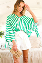 Green V-neck Kimono Sleeve With Tie Detail Satin Striped Top