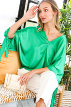 Green V-neck Kimono Sleeve With Tie Detail Satin Top