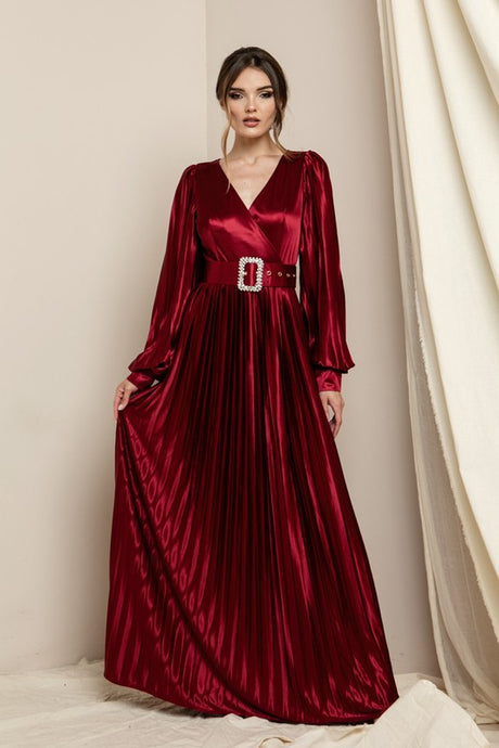 Burgundy Surplice V Neck Satin Dress With Belt