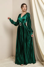 Emerald Green Surplice V Neck Satin Dress With Belt