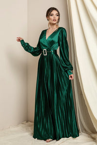 Emerald Green Surplice V Neck Satin Dress With Belt