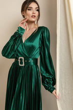 Emerald Green Surplice V Neck Satin Dress With Belt