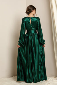 Emerald Green Surplice V Neck Satin Dress With Belt